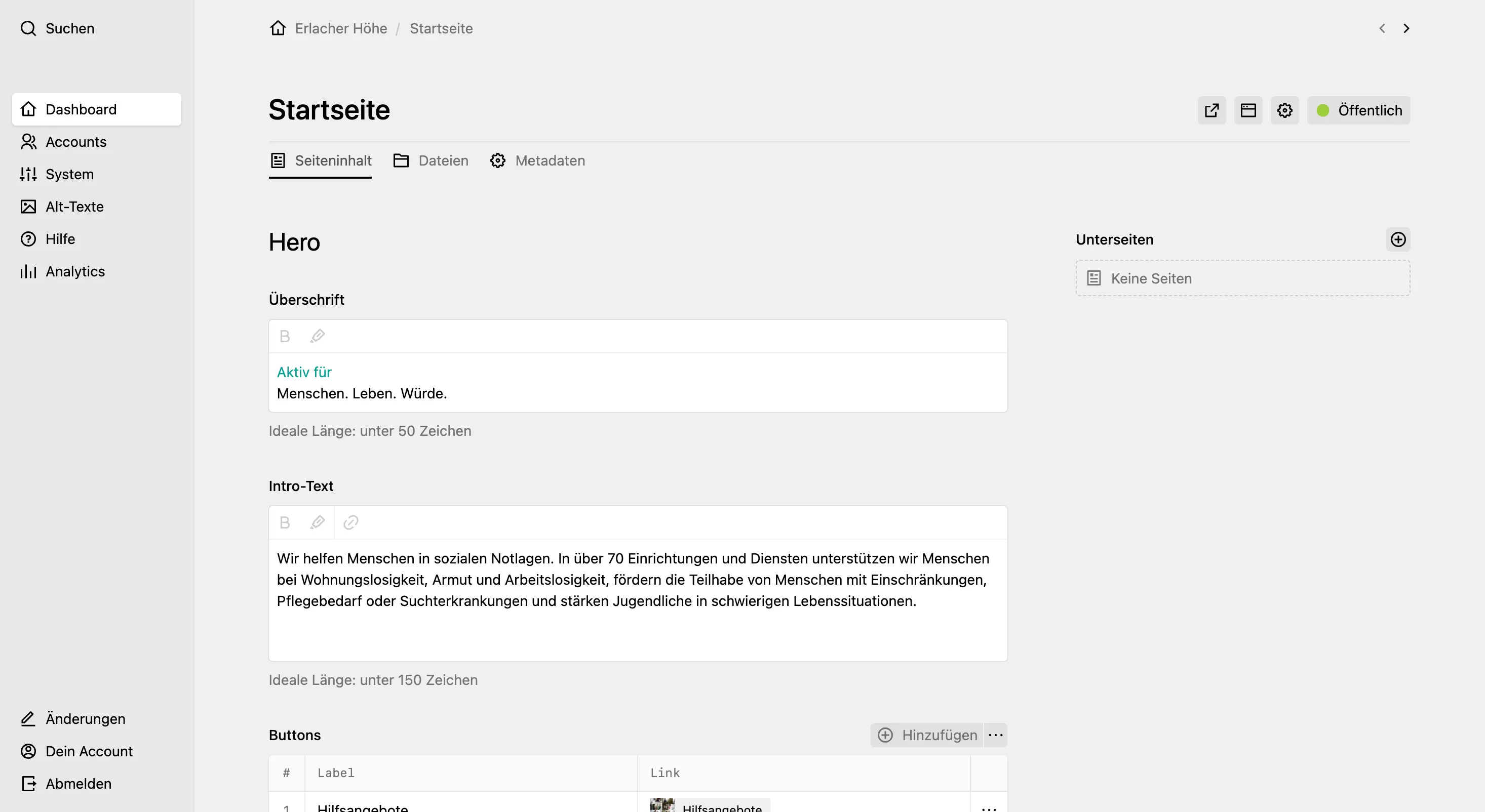 Panel page for "Startseite"/"Home" showing hero headline, intro text and buttons fields below a "Hero" headline.