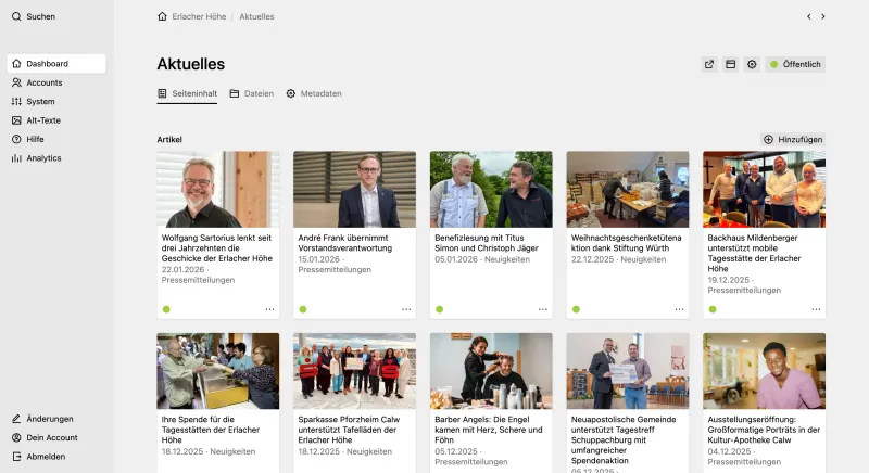 Panel page for "Aktuelles"/"News" showing a pages section with multiple articles listed including thumbnails, titles, dates and categories.