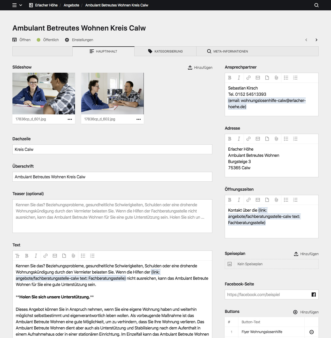 Backend screenshot of erlacher-hoehe.de