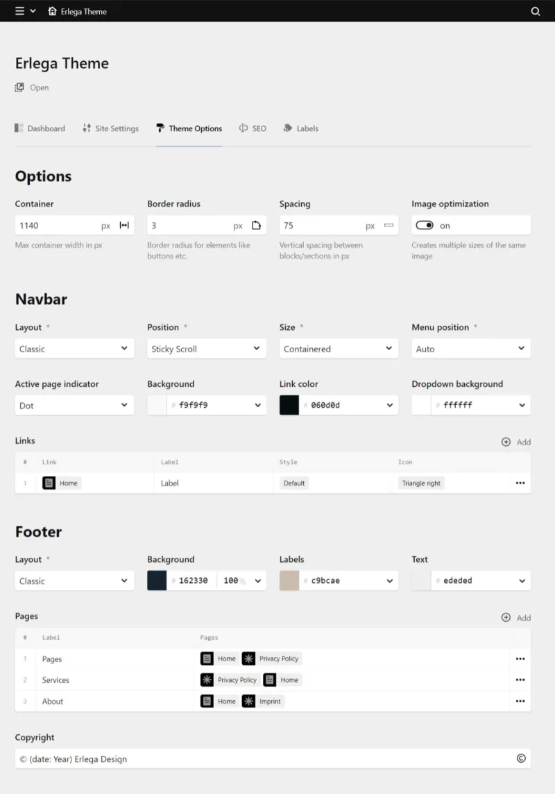 Backend screenshot of themes.socialmusemedia.com/erlega