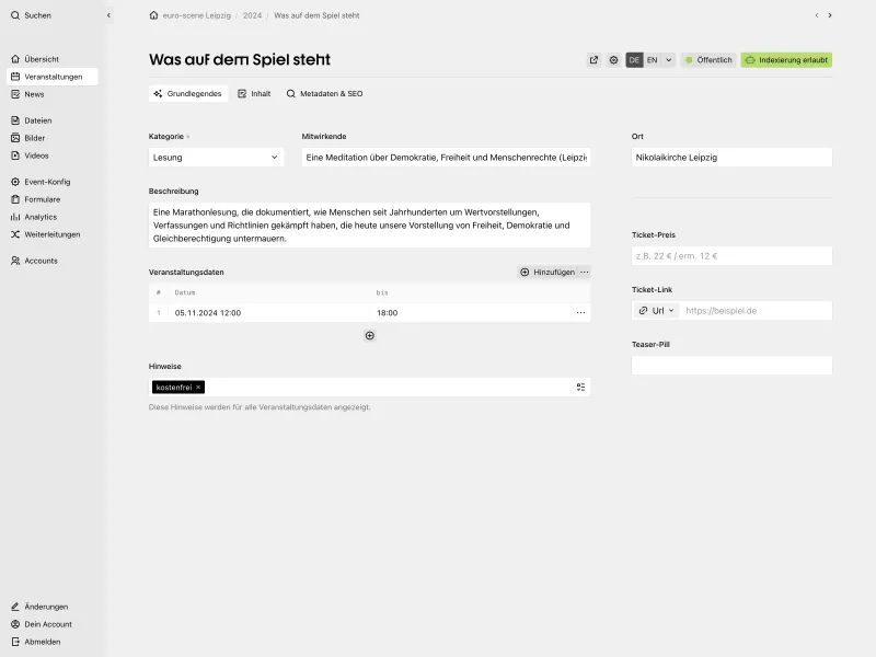 Backend screenshot of euro-scene.de