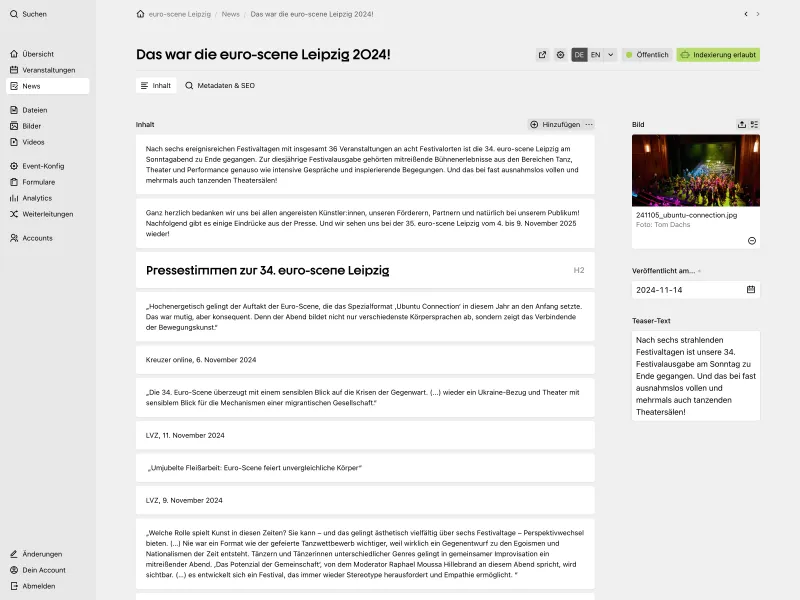 Backend screenshot of euro-scene.de
