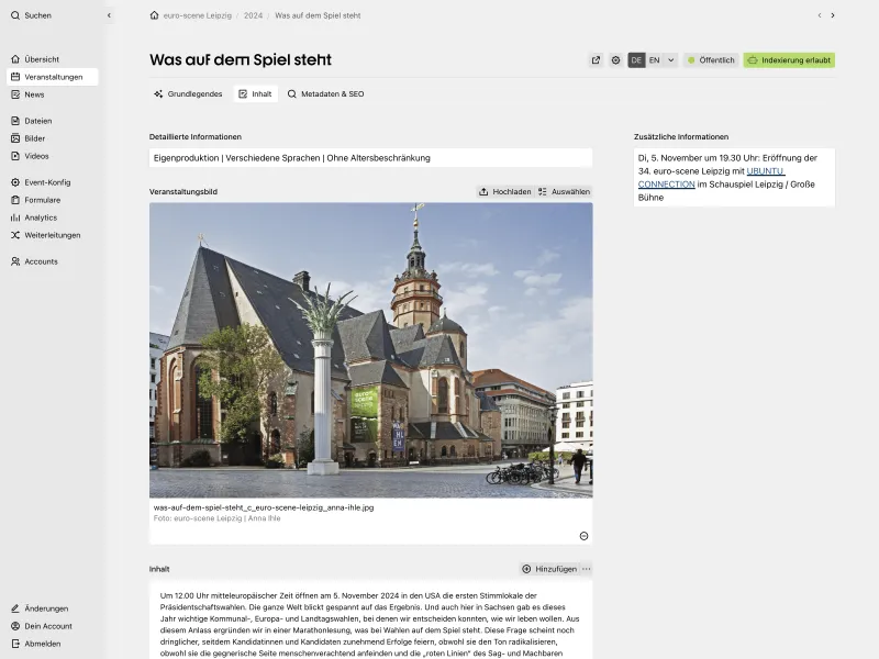 Backend screenshot of euro-scene.de