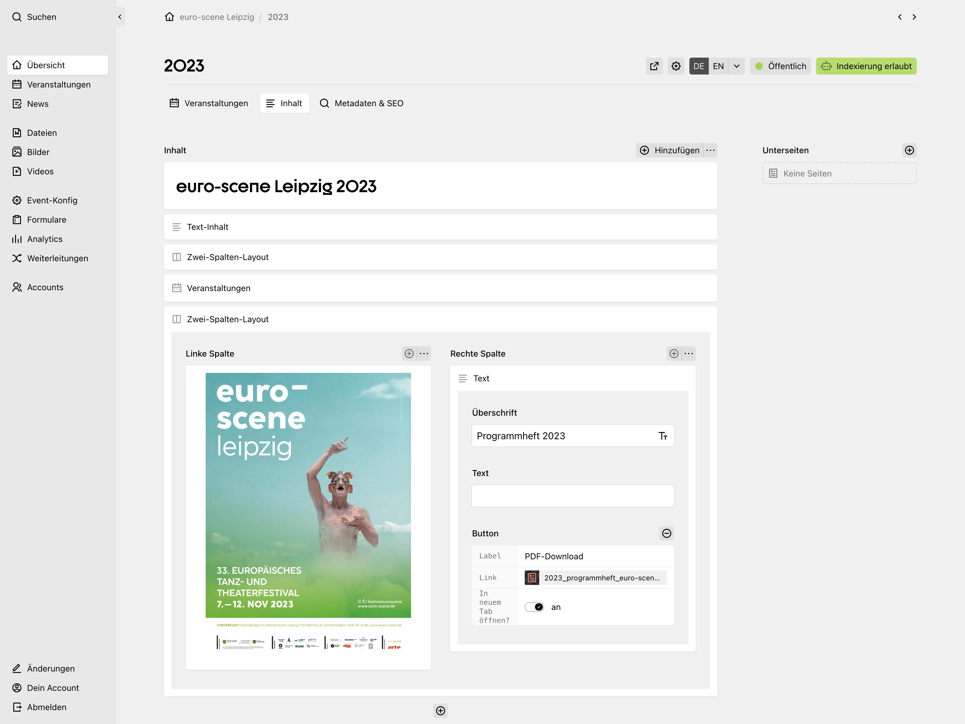 Backend screenshot of euro-scene.de