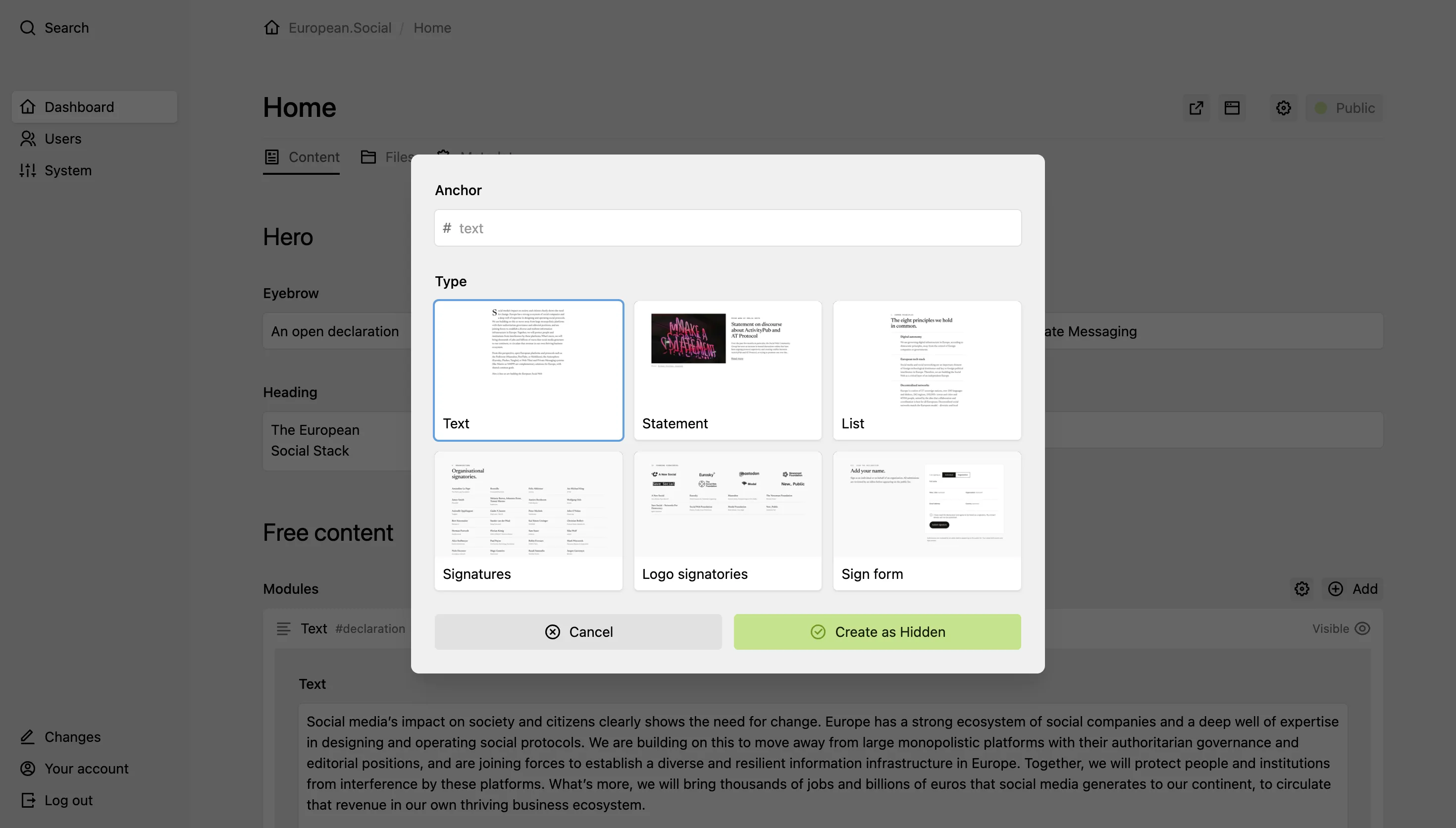 Kirby Panel module picker dialog on the "Home" page showing module types (Text, Statement, List, Signatures, Logo signatories, Sign form) as cards with preview images, above an anchor field.