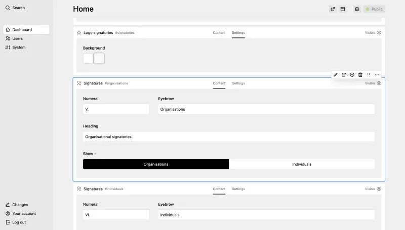 Panel page for "Home", scrolled further down, showing a "Logo signatories" module and two "Signatures" modules with numeral and eyebrow fields and a toggle to show organisations or individuals.