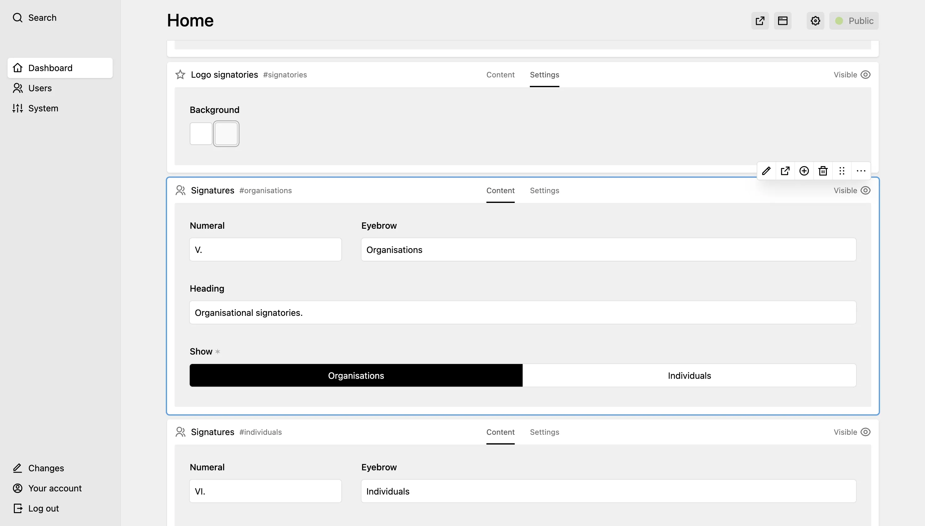 Panel page for "Home", scrolled further down, showing a "Logo signatories" module and two "Signatures" modules with numeral and eyebrow fields and a toggle to show organisations or individuals.