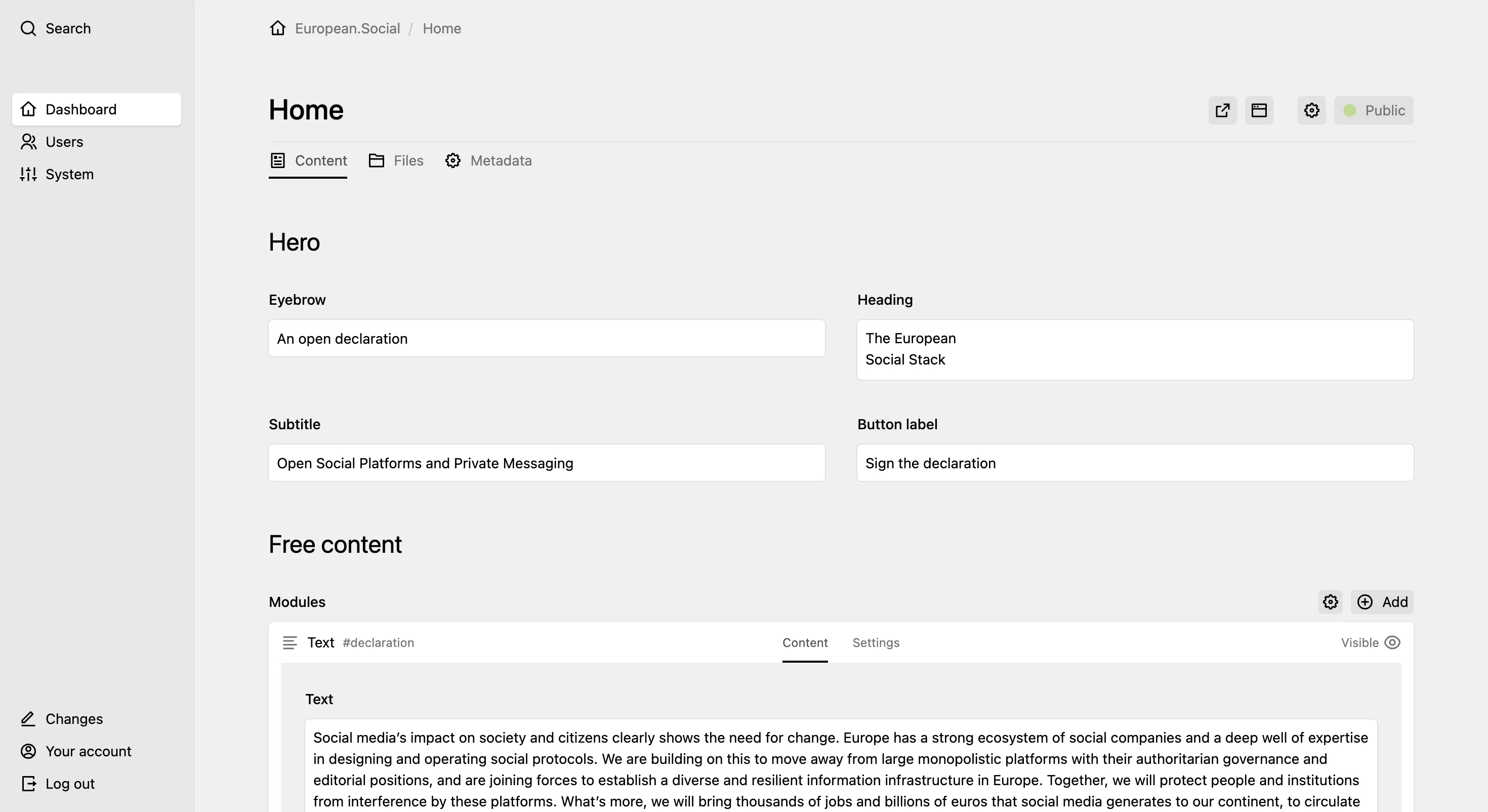 Panel page for "Home" showing Hero fields for eyebrow, subtitle, heading and button label above a "Free content" modules section with a text module.