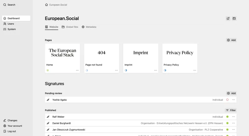 Kirby Panel dashboard for "European.Social" showing a pages section with four page cards and two "Signatures" pages sections grouping signatories into "Pending review" and "Published".