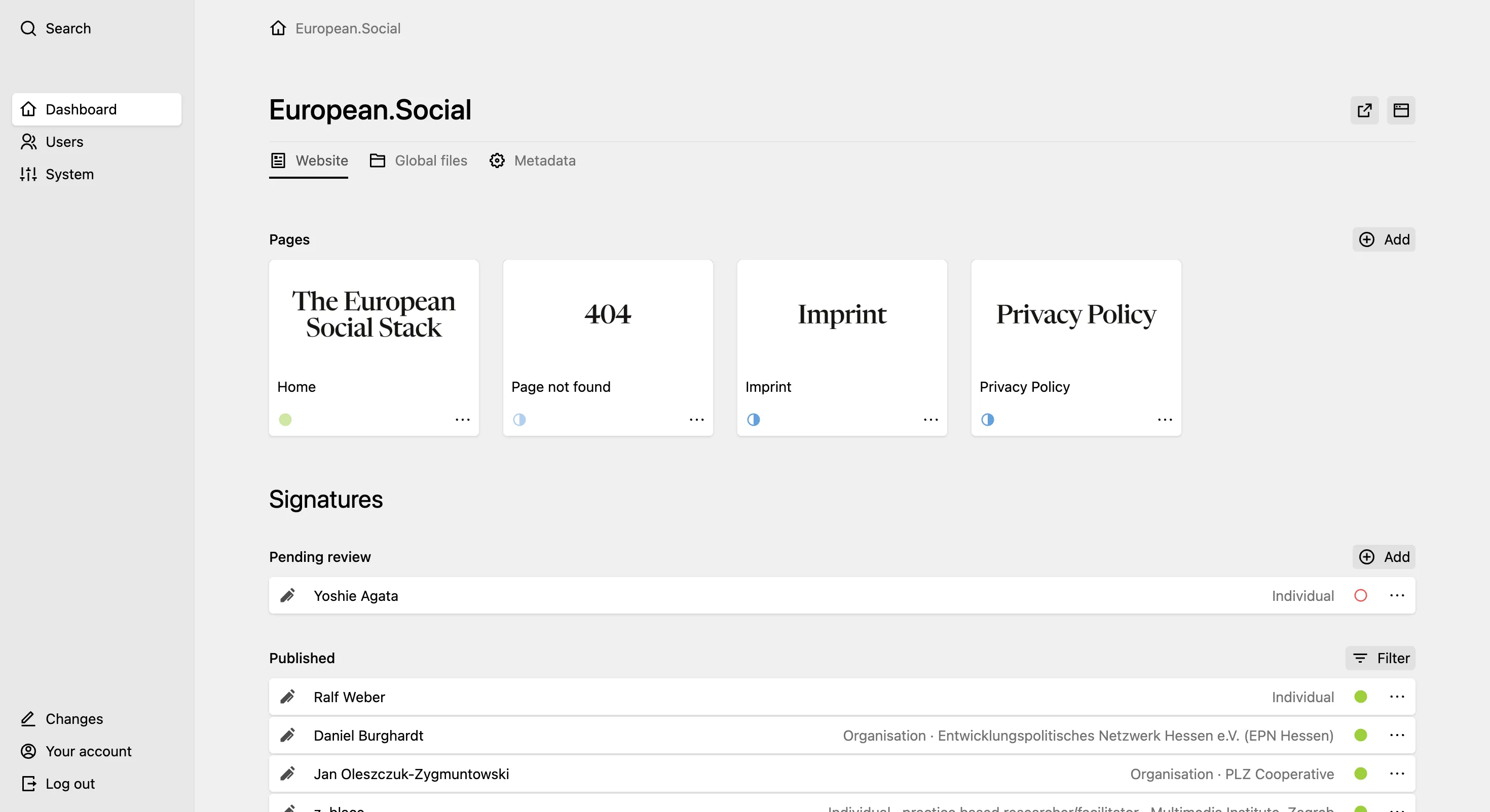 Kirby Panel dashboard for "European.Social" showing a pages section with four page cards and two "Signatures" pages sections grouping signatories into "Pending review" and "Published".