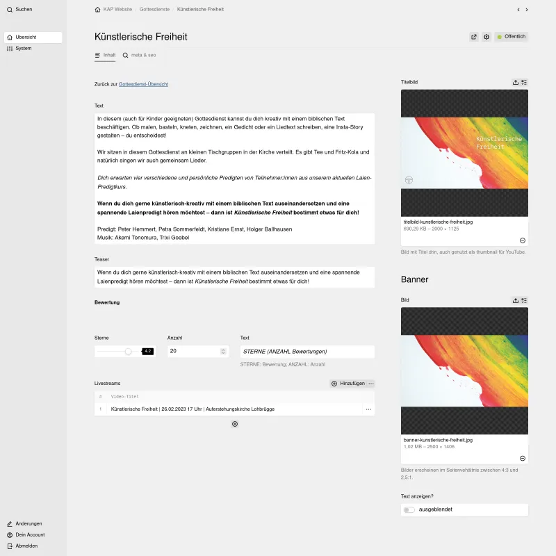 Backend screenshot of kap-kirche.de