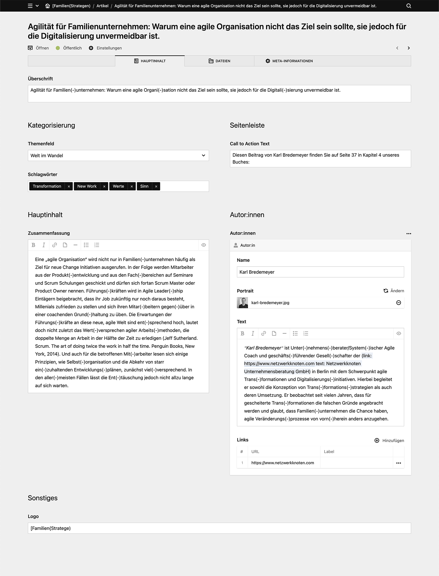 Backend screenshot of familienstrategen.com