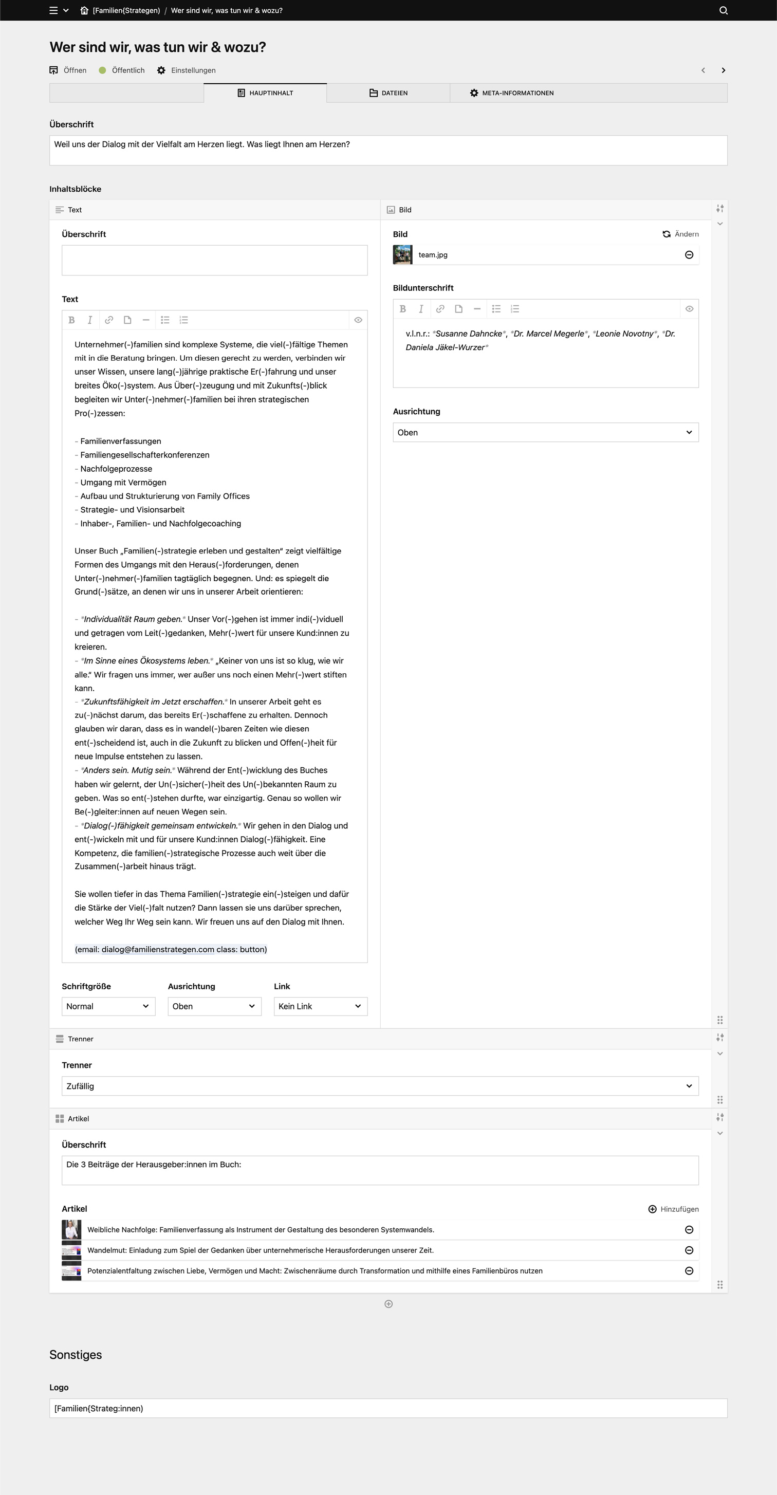 Backend screenshot of familienstrategen.com