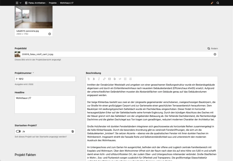 Backend screenshot of flatauarchitekten.de