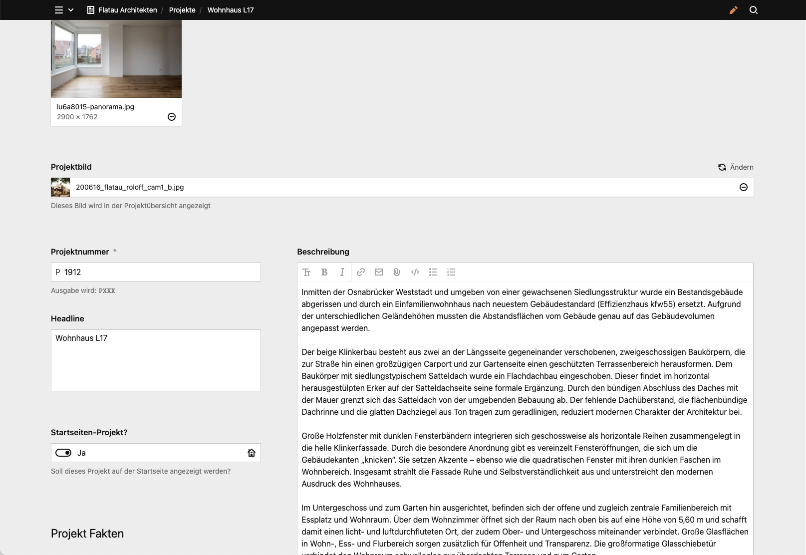 Backend screenshot of flatauarchitekten.de