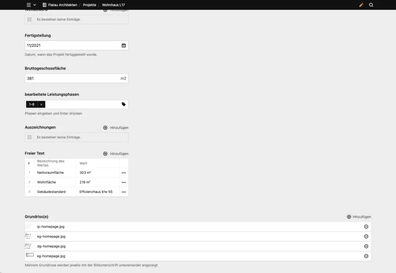Backend screenshot of flatauarchitekten.de