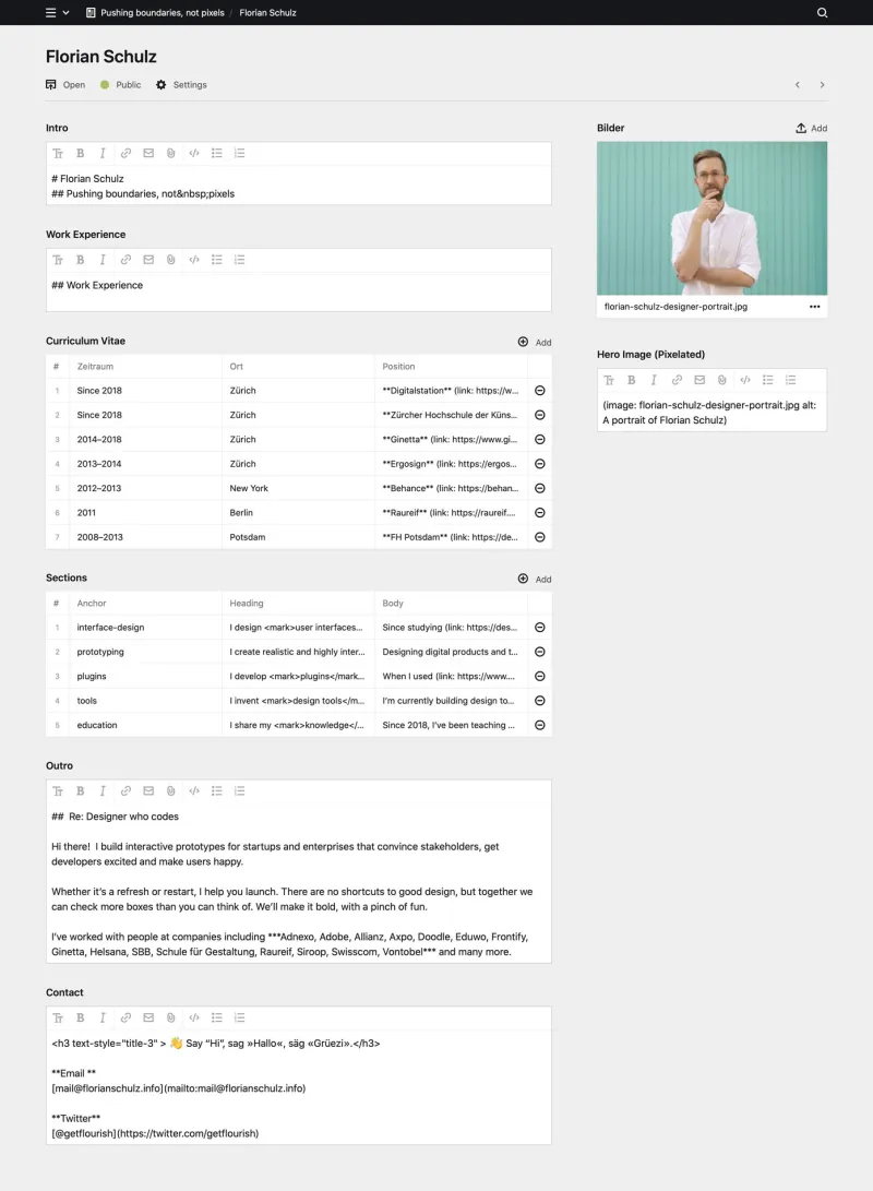 Backend screenshot of florianschulz.info