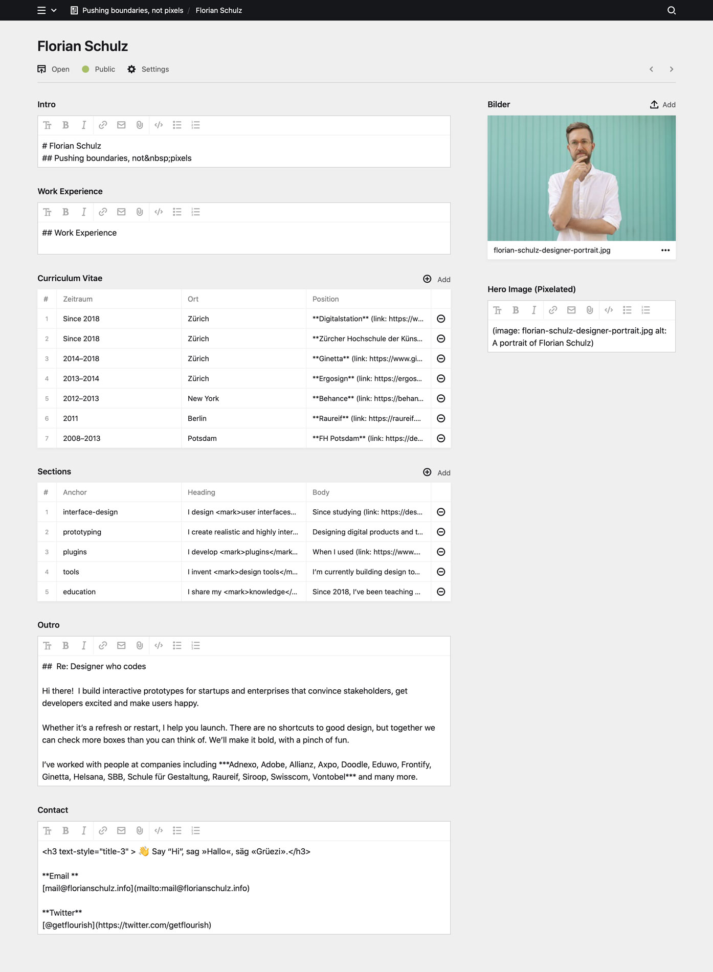 Backend screenshot of florianschulz.info