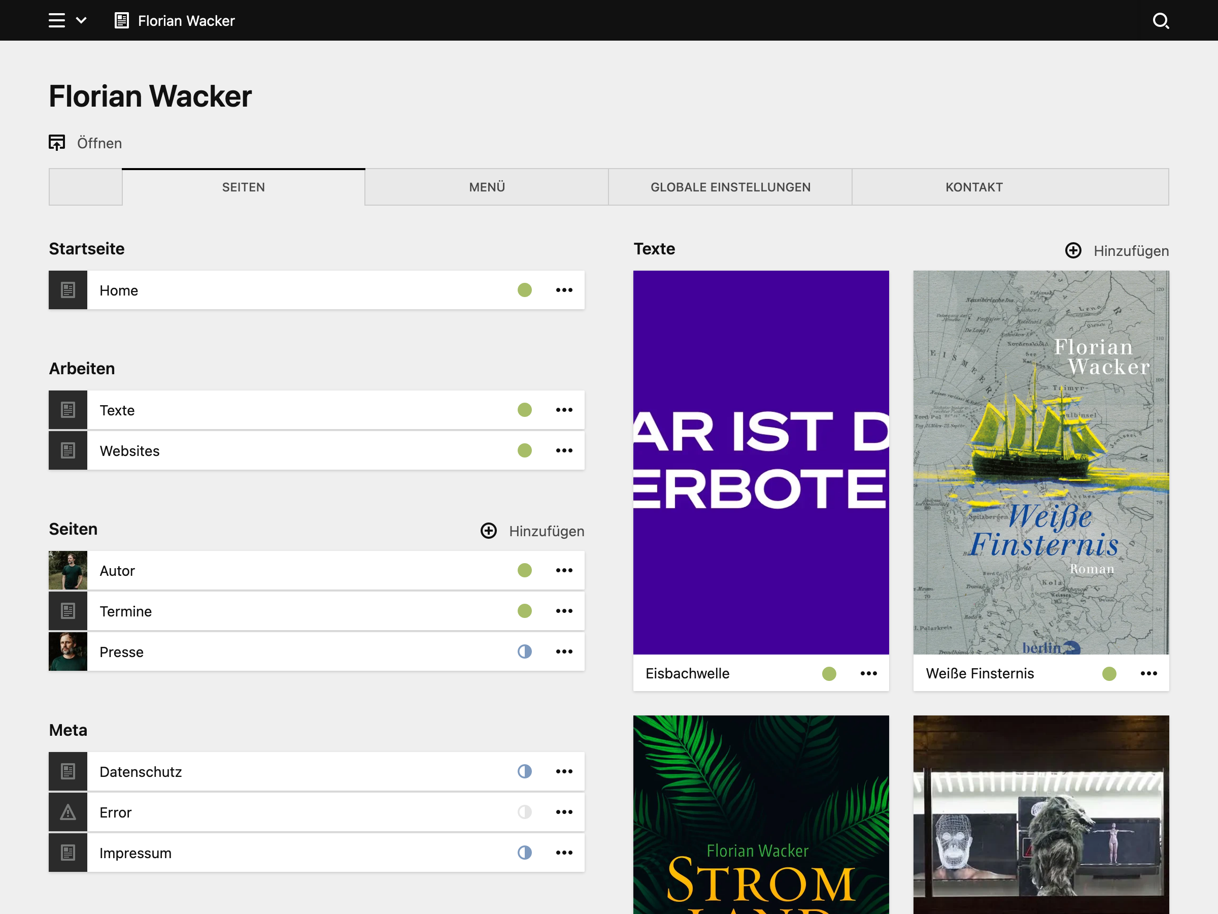 Backend screenshot of florianwacker.de