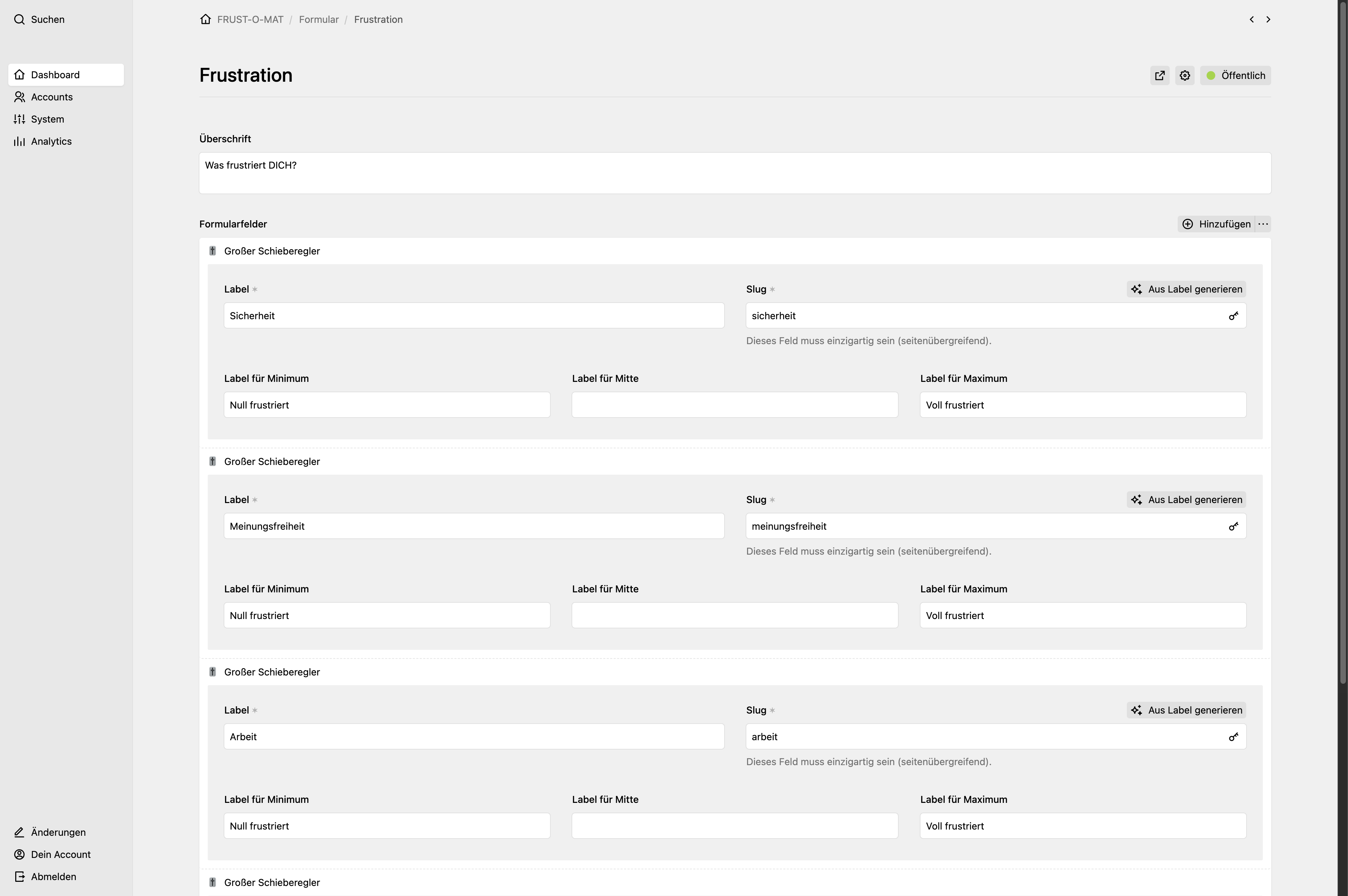 Backend screenshot of frust-o-mat.de