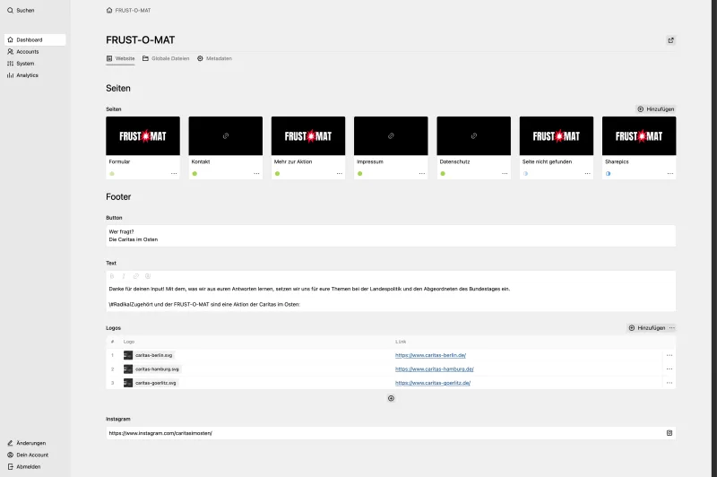 Backend screenshot of frust-o-mat.de