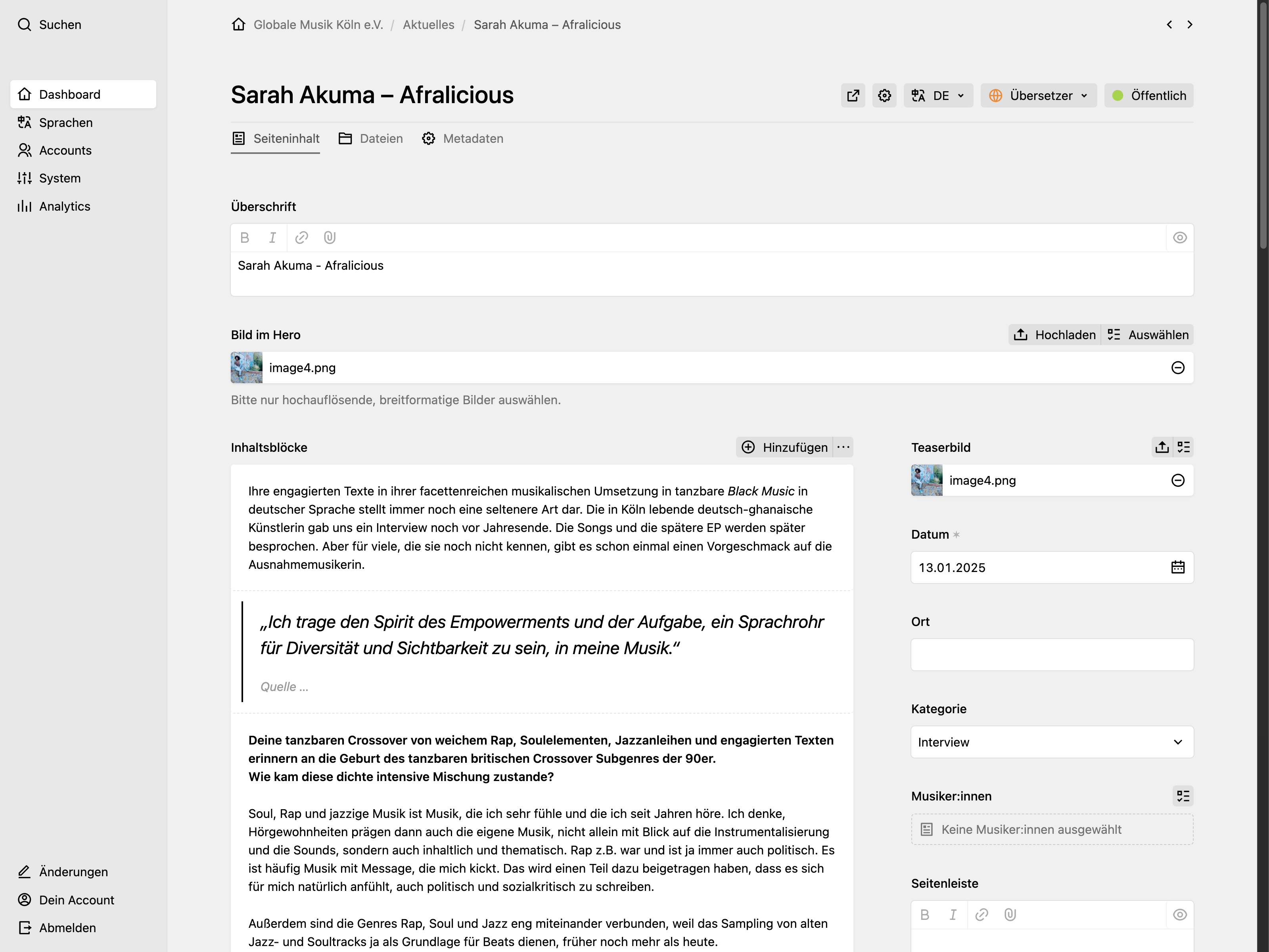 Backend screenshot of globalemusik.de