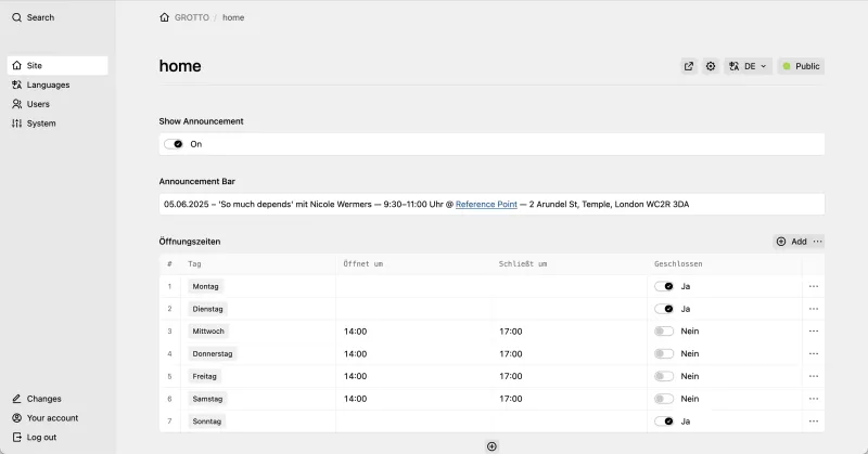 Backend screenshot of grotto.berlin