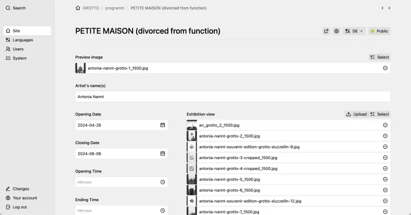 Backend screenshot of grotto.berlin