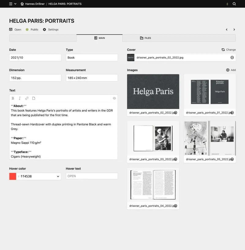 Backend screenshot of hannesdrissner.com