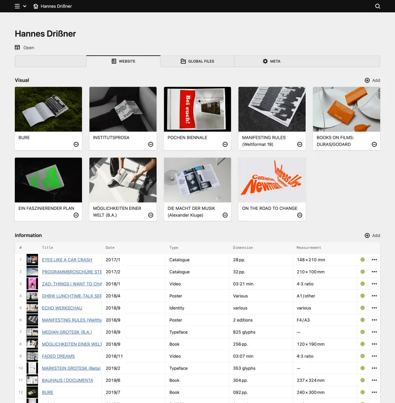 Backend screenshot of hannesdrissner.com