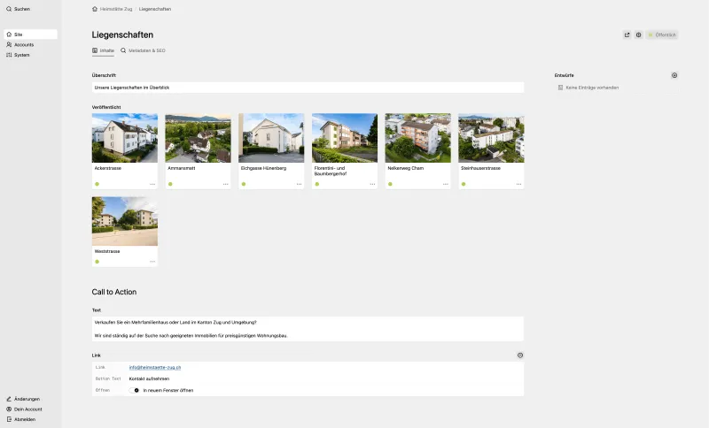 Backend screenshot of heimstaette-zug.ch