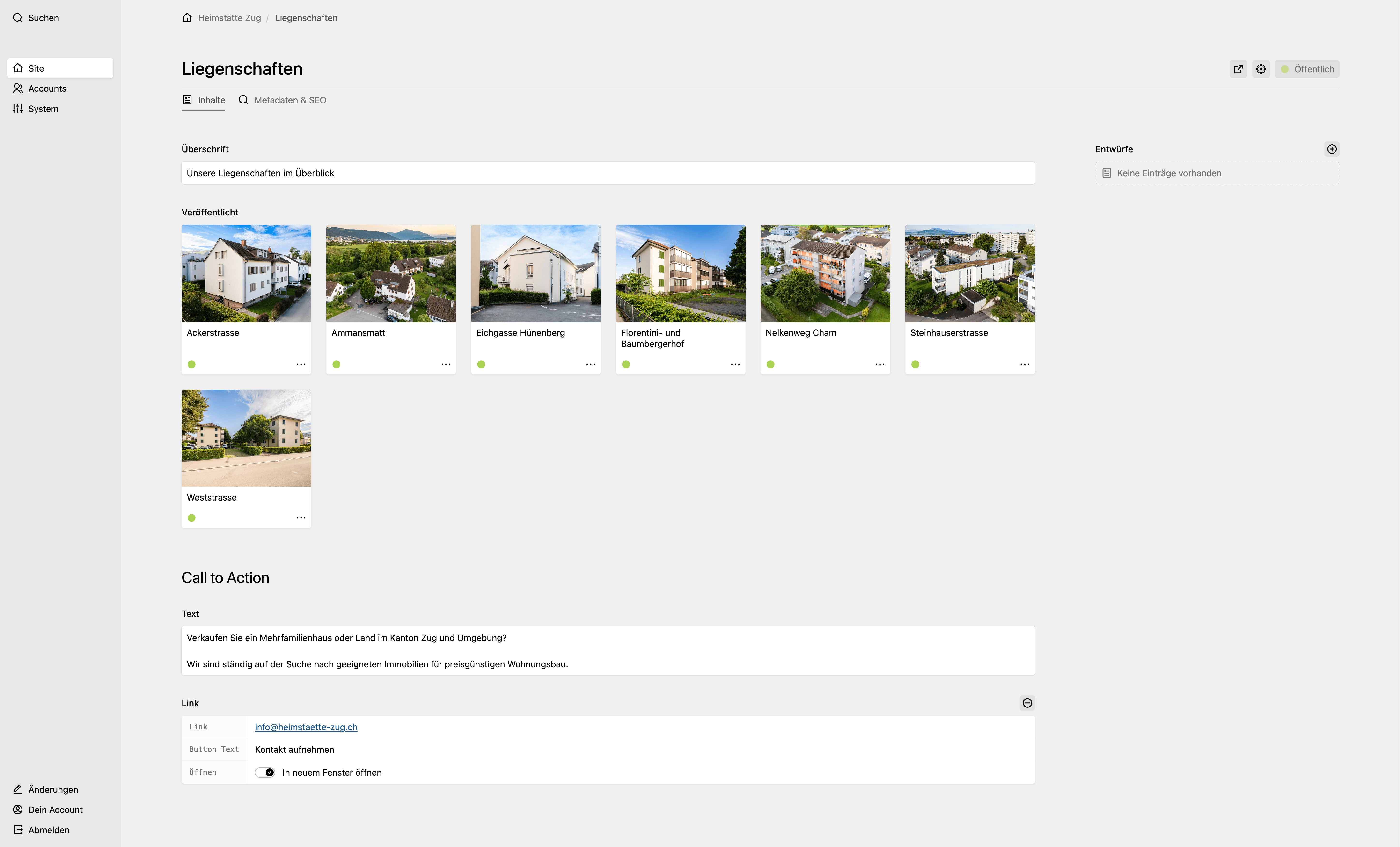 Backend screenshot of heimstaette-zug.ch