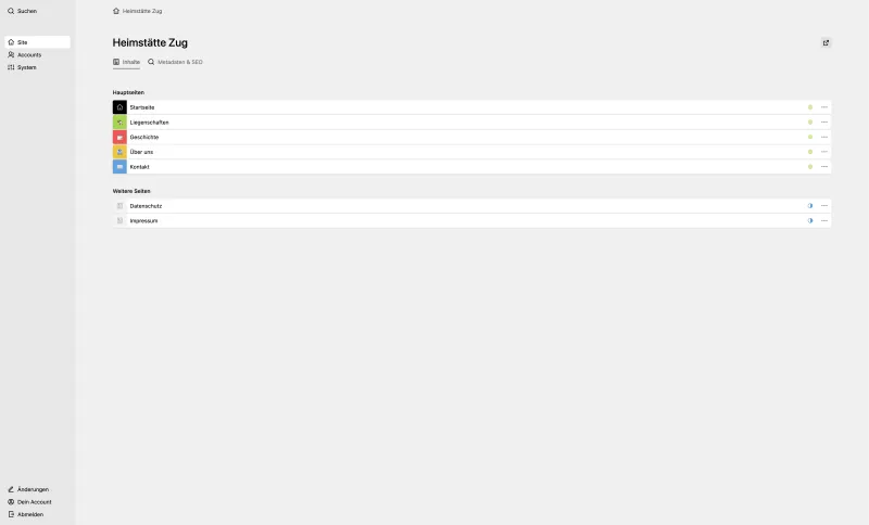 Backend screenshot of heimstaette-zug.ch