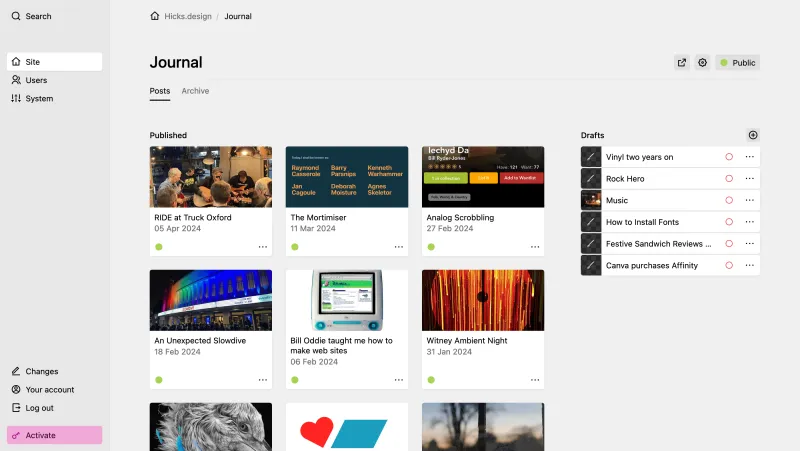Backend screenshot of hicks.design