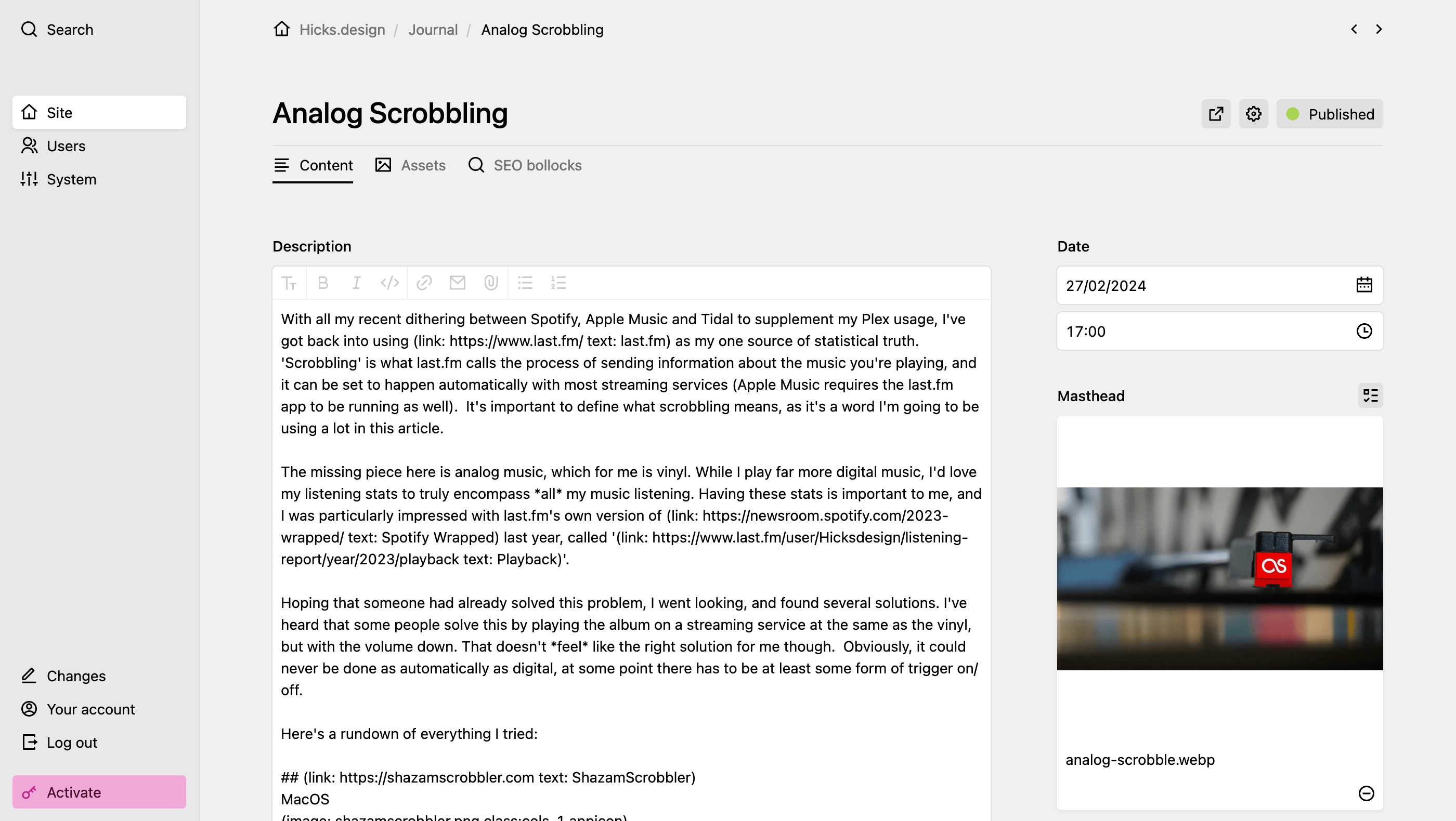 Backend screenshot of hicks.design