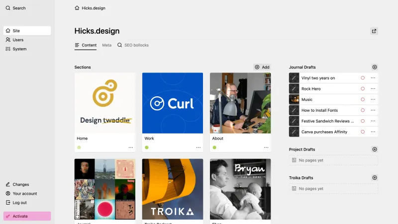 Backend screenshot of hicks.design