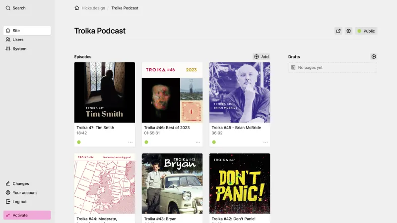 Backend screenshot of hicks.design