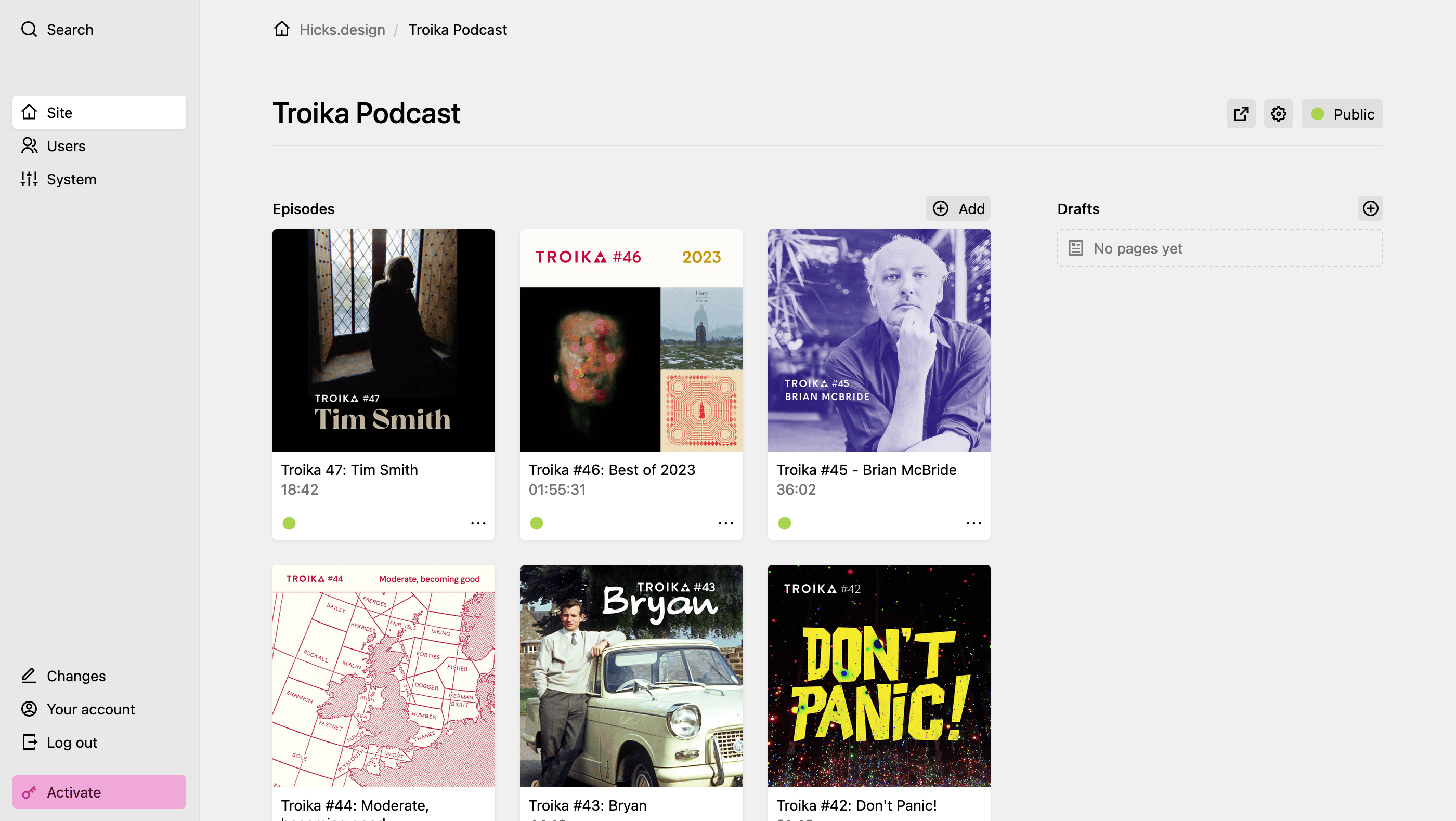 Backend screenshot of hicks.design