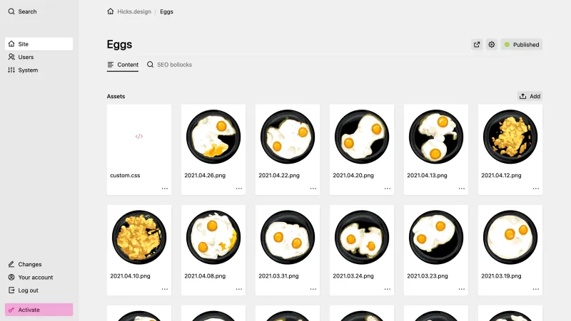 Backend screenshot of hicks.design