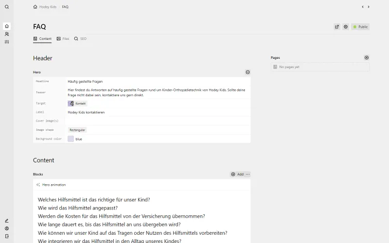 Backend screenshot of hodey-kids.de