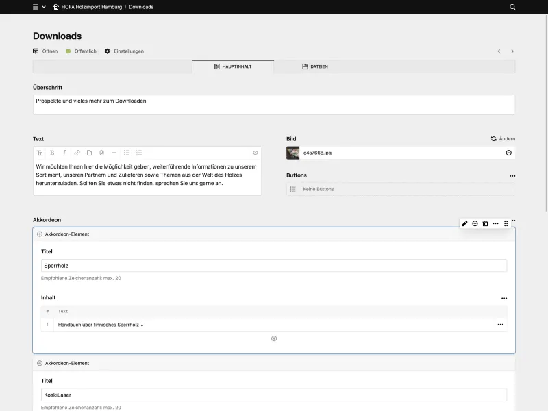 Backend screenshot of hofa-holz.de