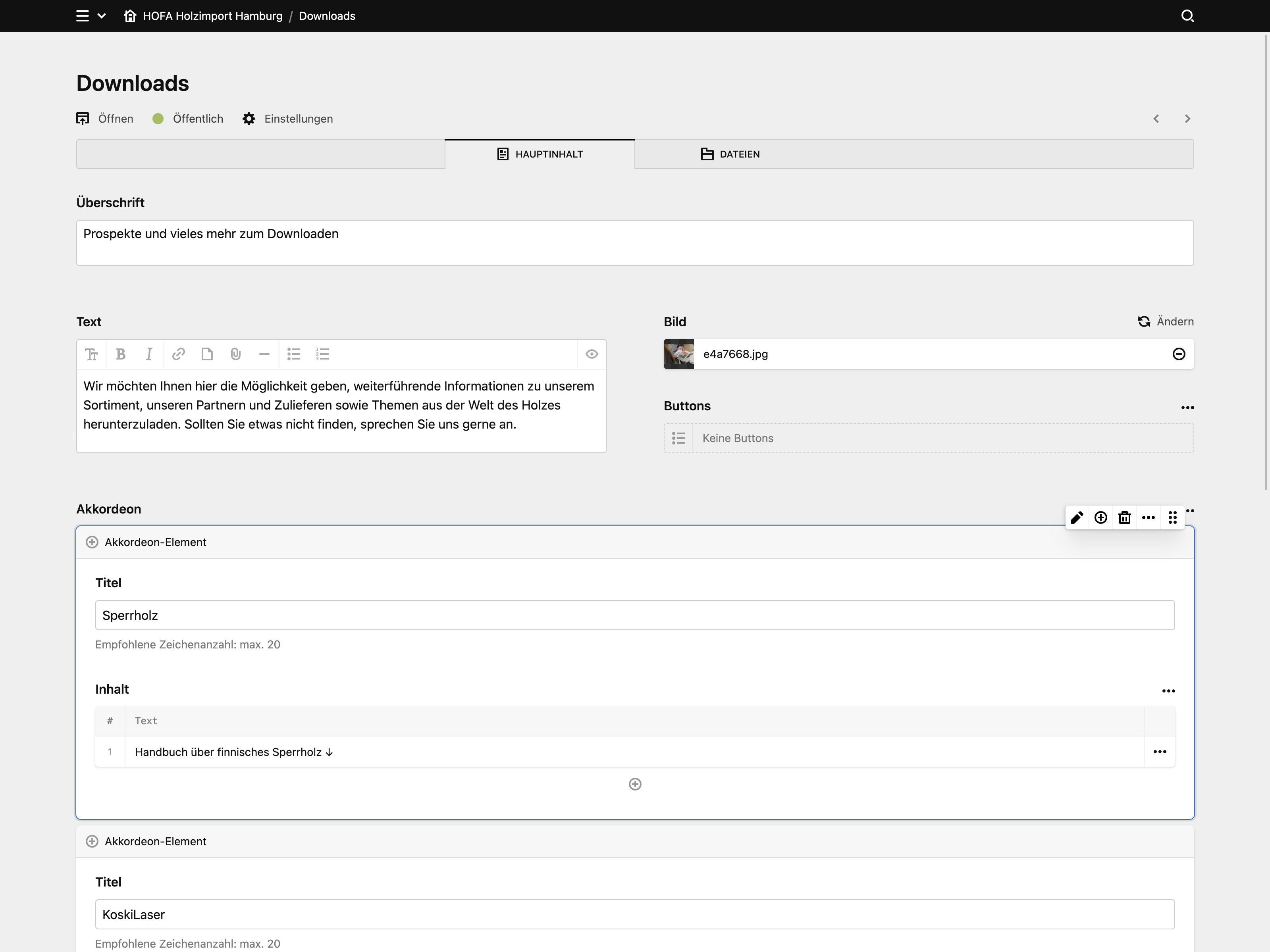 Backend screenshot of hofa-holz.de