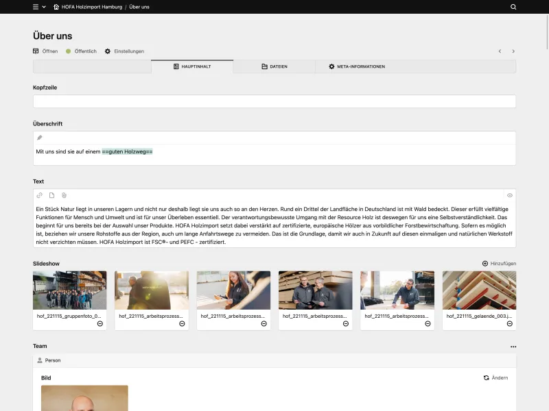Backend screenshot of hofa-holz.de