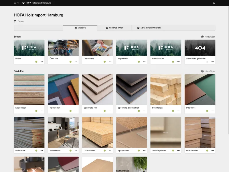 Backend screenshot of hofa-holz.de