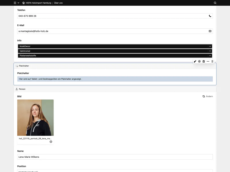 Backend screenshot of hofa-holz.de