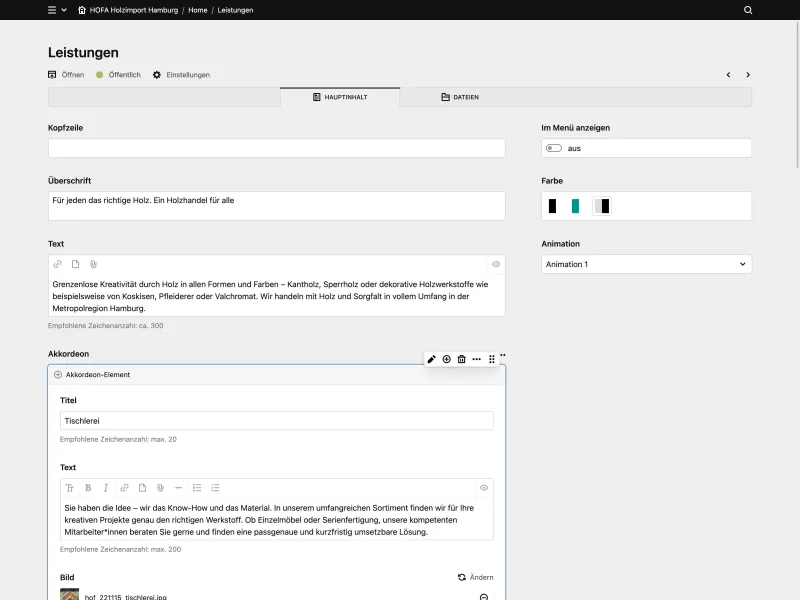 Backend screenshot of hofa-holz.de