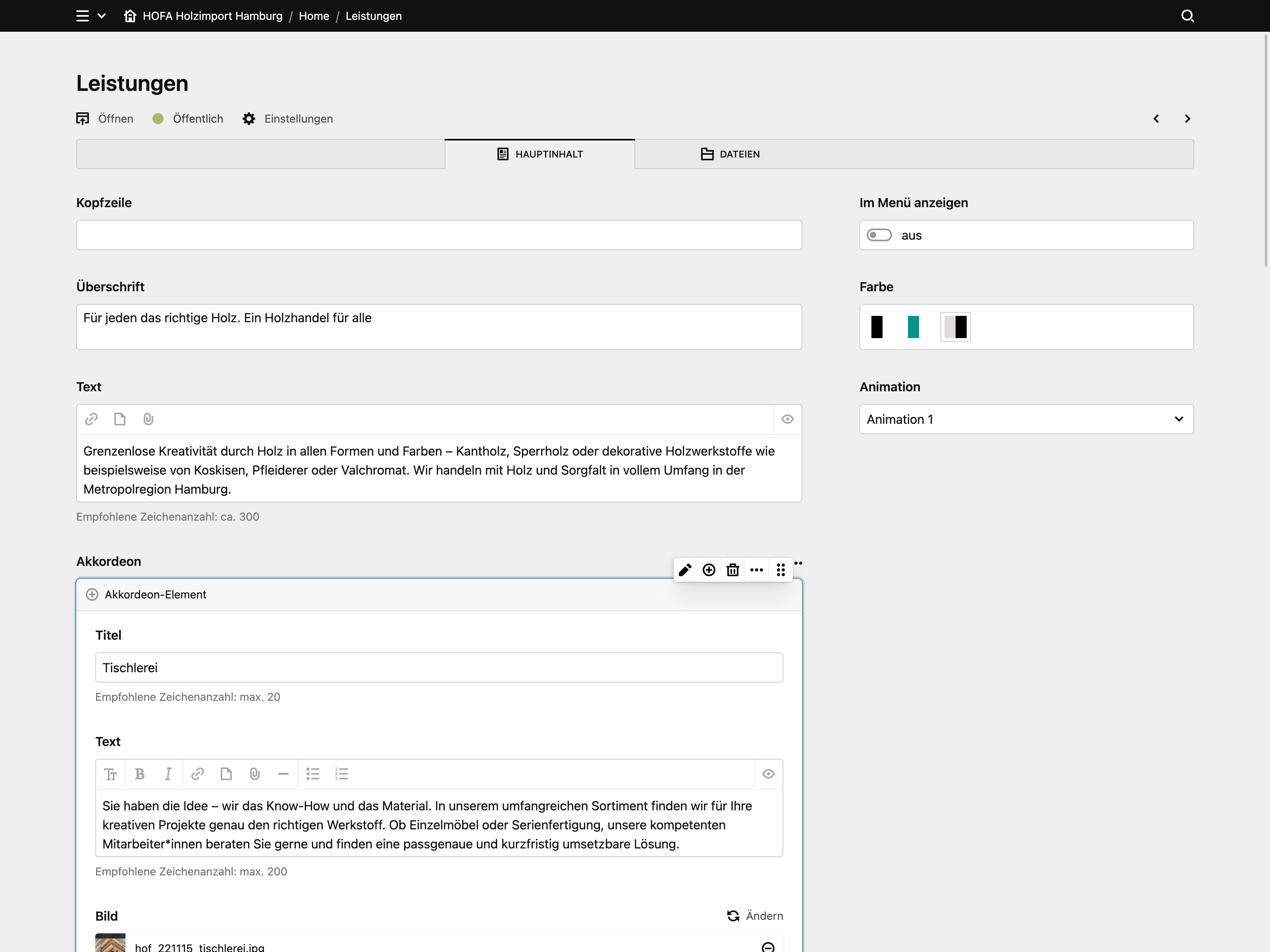 Backend screenshot of hofa-holz.de