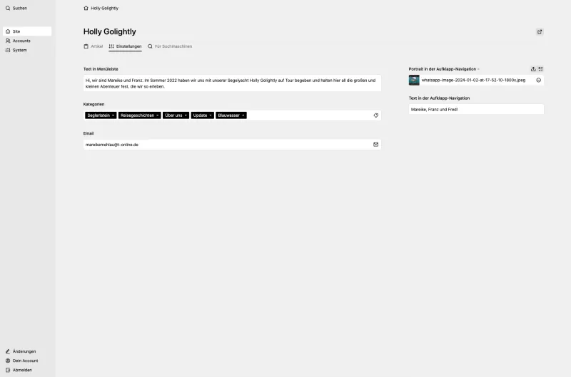 Backend screenshot of sy-holly-golightly.de
