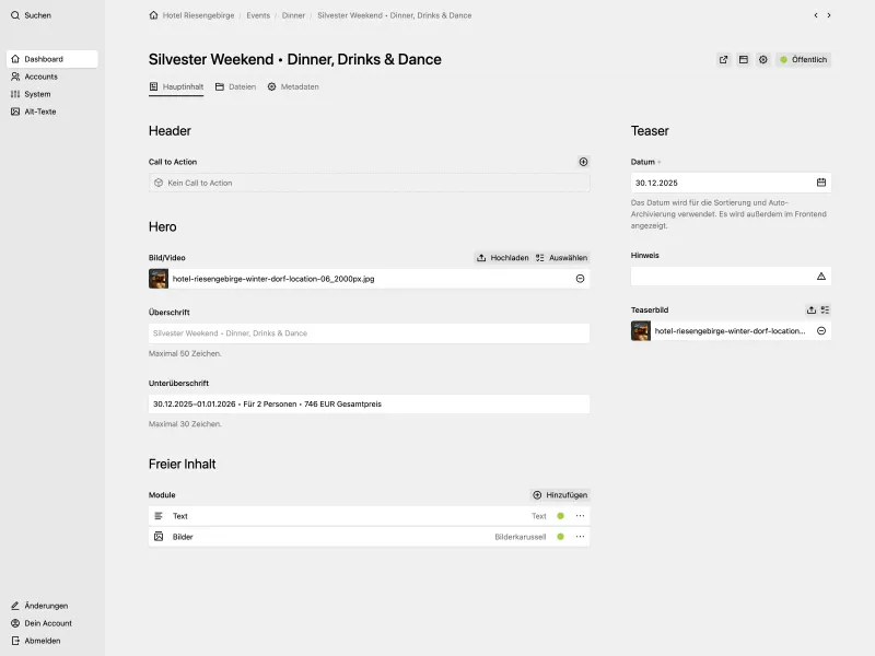 Screenshot of the Kirby Panel showing an event page with header, hero and content modules. In the sidebar there are date and hint fields above a files section.