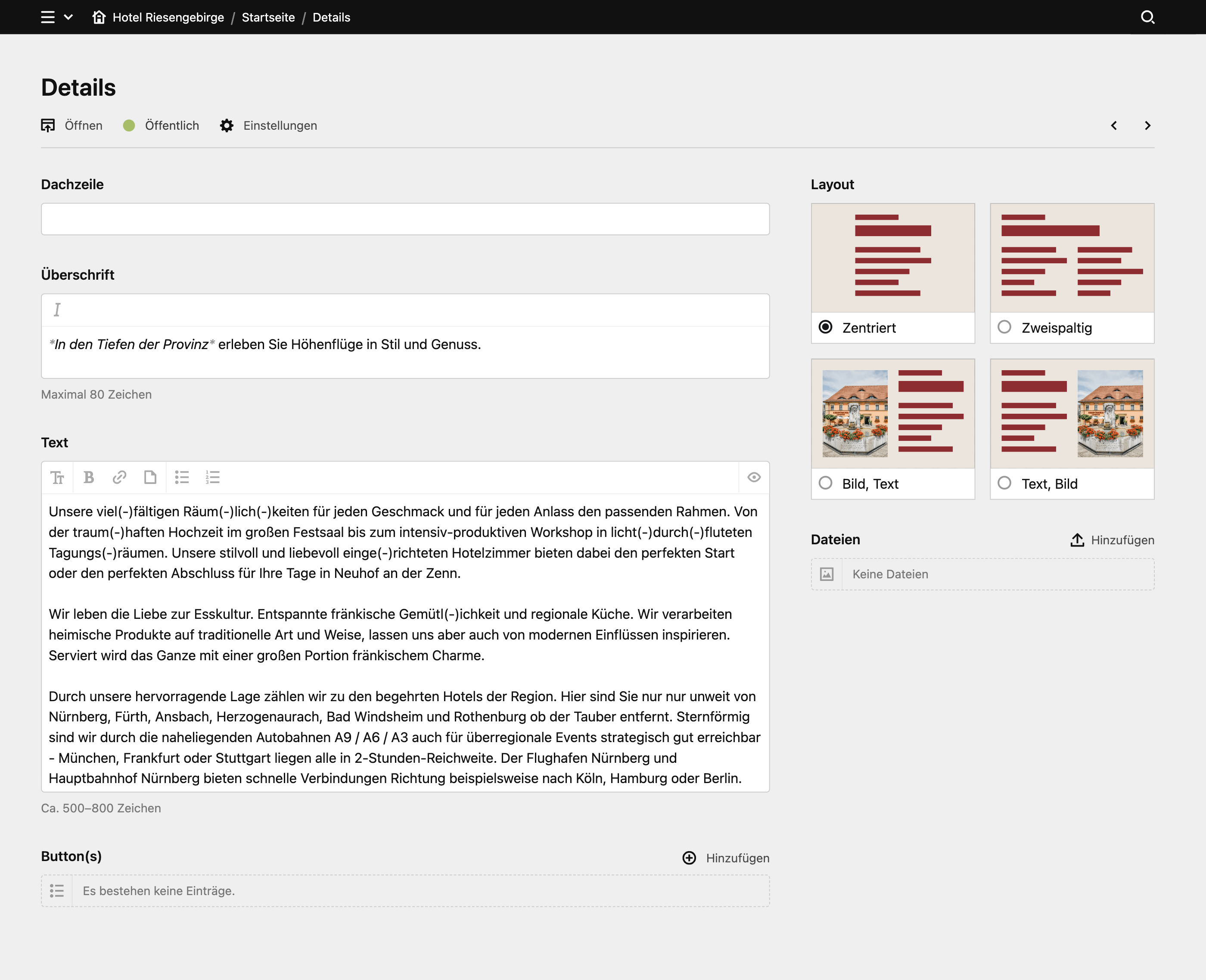 Backend screenshot of hotel-riesengebirge.de